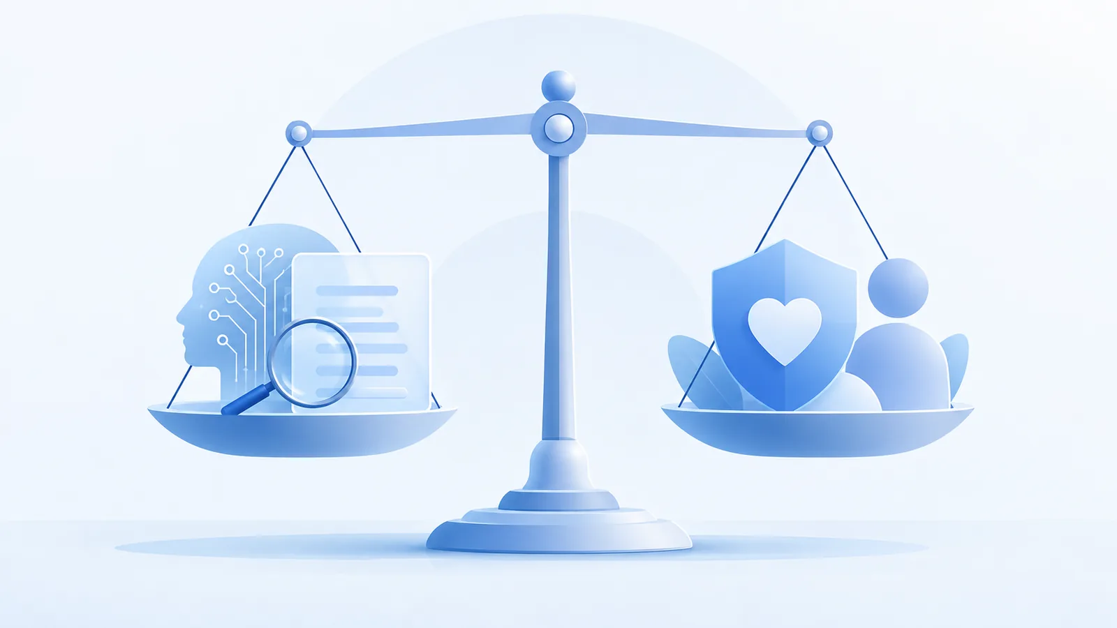 투명성과 신뢰를 양쪽에 올려놓고 저울질하는 저울과 그 안에 녹아든 AI·사람 요소를 표현한 이미지